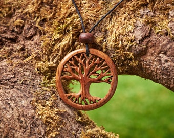 Reclaimed Oak Tree of Life/Yggdrasil Pendant hung on a adjustable Waxed Cotton Thong.