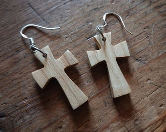 Wooden Crucifix Earrings Handmade from Windfallen Lakeland Ash and hung on Sterling Silver Earring Hooks