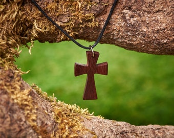 Wooden Cross Made From Reclaimed Rosewood and Hung On a adjustable waxed Cotton Thong.