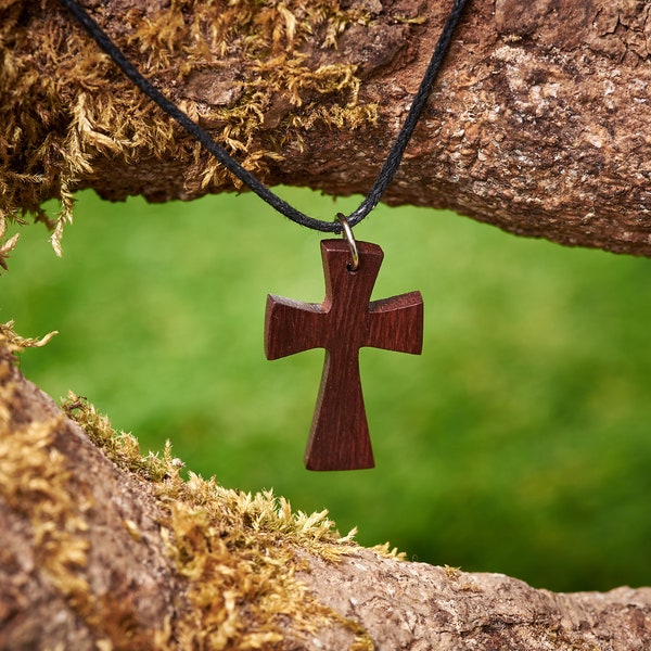 Wooden Cross Made From Reclaimed Rosewood and Hung On a adjustable waxed Cotton Thong.