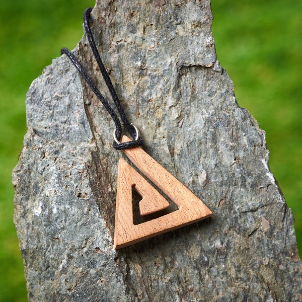 Wooden Pyramid/Triangle Pendant made from Ash and hung on a adjustable waxed Cotton thong