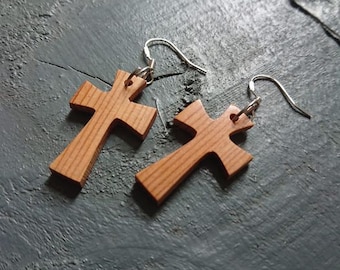 Wooden Crucifix Earrings Handmade from Windfallen Irish Yew  and hung on Sterling Silver Earring Hooks