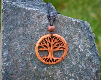 Wooden Tree of Life Pendant made with Windfallen Irish Yew hung on a adjustable Waxed Cotton Thong