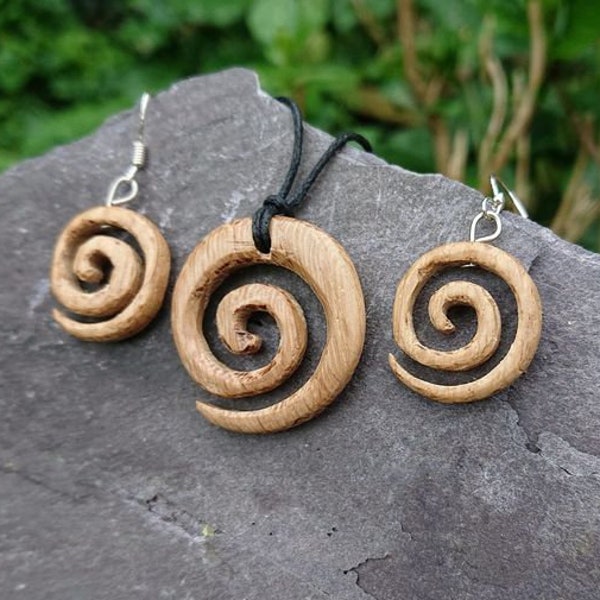 Wooden Spiral Earring and Pendant set handmade from a Reclaimed 350 year old Oak beam rescued from a Farm building in Cumbria