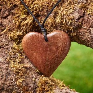 May include: A heart-shaped pendant made of dark brown wood hangs from a black cord. The pendant is suspended against a backdrop of a tree branch covered in moss, with a blurred green background.