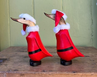 Cute individually painted Pair of Santa Ducks Measuring 20cm each from the Tip of there beaks to the Sole of there Feet made from Bamboo