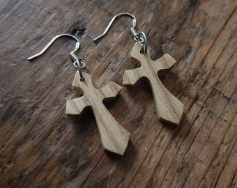 Wooden Crucifix Earrings Handmade from Windfallen Lakeland Ash and hung on Sterling Silver Earring Hooks