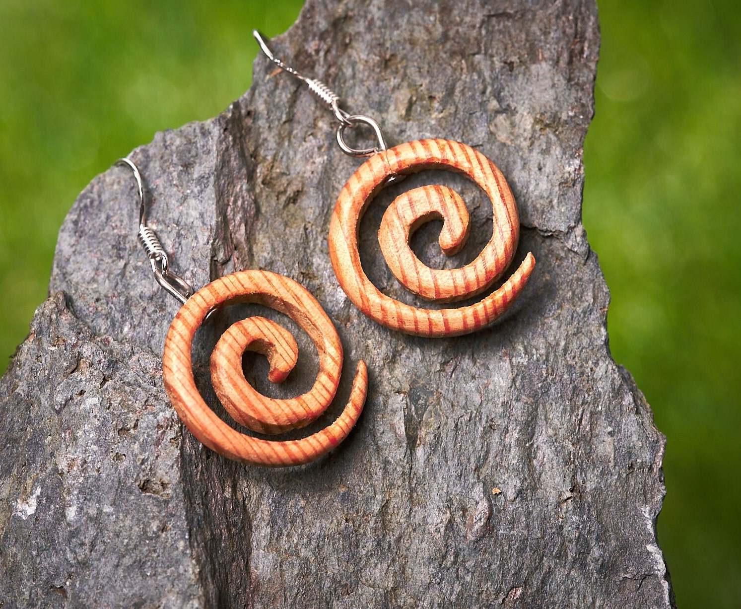 Wooden Spiral Earrings Made from Recycled 350 year old Pitch Pine,hung on a Sterling Silver Earring hooks