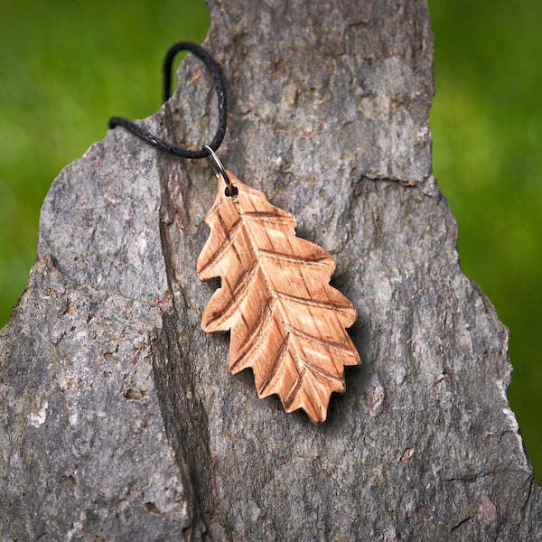 Wooden Oak Leaf Pendant made from 350 Year old recycled Oak hung on a waxed Cotton thong