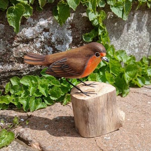 Può includere: Scultura in legno intagliata a mano di un pettirosso con piumaggio marrone e arancione, posato su un piccolo ceppo di legno. L'uccello ha zampe nere e un motivo alare dettagliato. Lo sfondo presenta fogliame verde e un muro di pietra.