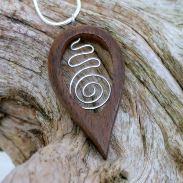 Teardrop Celtic Spiral Pendant made from Reclaimed Sanur Wood and Recycled Stainless Steel, Wooden Jewellery, Wooden Pendant, Celtic Pendant