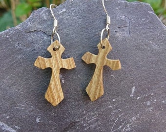 Wooden Crucifix Earrings Handmade from Reclaimed English Oak and hung on Sterling Silver Earring Hooks
