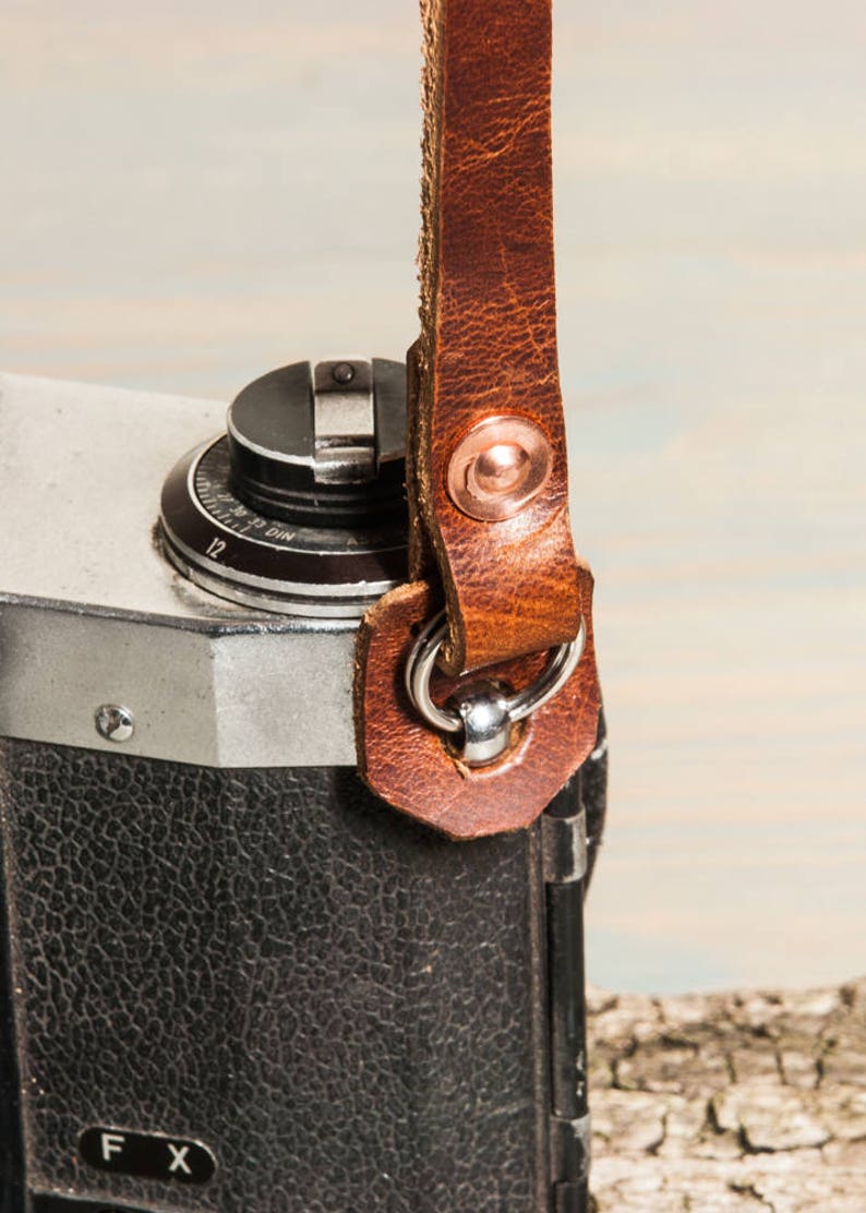 Hand made chestnut leather camera strap with copper rivets. image 3