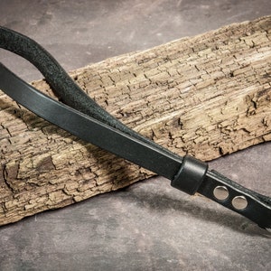 May include: A black leather camera strap with a metal ring and two silver rivets.