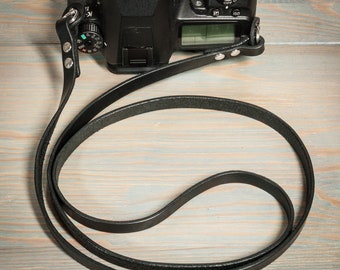 Hand made double riveted black leather camera strap