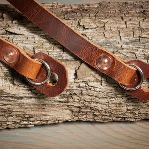 Hand made chestnut leather camera strap with copper rivets. image 2