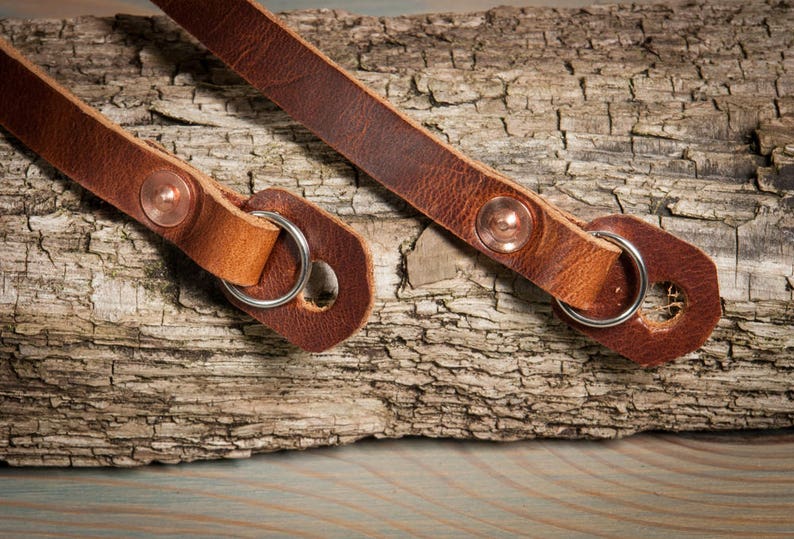 Hand made chestnut leather camera strap with copper rivets. image 2