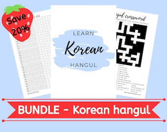 Korean hangul bundle, hangul workbook, handwriting worksheets and reference poster, learn Korean