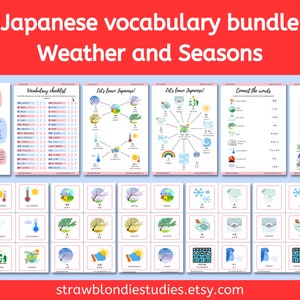 Ensemble de vocabulaire Apprendre le japonais sur la météo et les saisons, un cahier d'exercices imprimable et des cartes mémoire