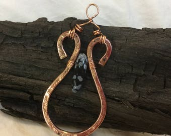 Copper snowflake obsidian stone forged pendant