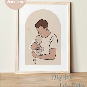 Poronienie i aniołek – grafika liniowa na pamiątkę dziecka | Tata trzymający anioła | Zrozpaczony ojciec | Cyfrowa ilustracja do druku | Prezent na Dzień Ojca