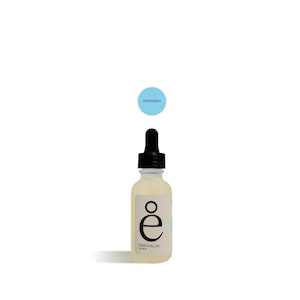 May include: A clear glass bottle with a black dropper top filled with a light yellow liquid. The bottle has a white label with the text "e ESSENTIAL OIL 10 ml" printed on it. A blue circle with the word "PEPPERMINT" is visible above the bottle.