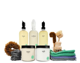 The Kitchen Cleaning Collection (Glass) Non-Toxic Natural Refillable Cleaners powered with Probiotics, Enzymes, and EO | Everneat (16 piece)