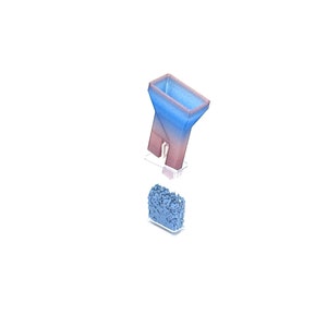 May include: A blue and pink plastic funnel with a square base, sitting above a clear container filled with blue plastic pellets.