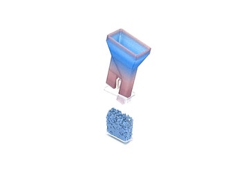 May include: A blue and pink plastic funnel with a square base, sitting above a clear container filled with blue plastic pellets.