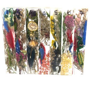 May include: Seven rectangular resin blocks, each containing a unique arrangement of dried flowers and feathers. The blocks feature a variety of colors, including red, blue, yellow, and purple, with visible numbers from 1 to 7 on the top.