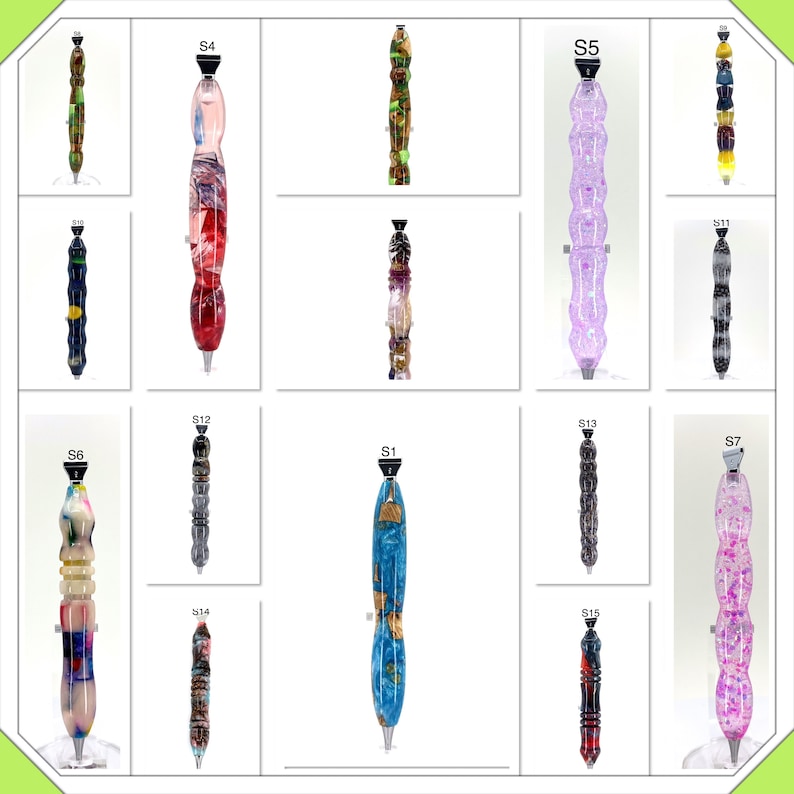 May include: A collection of 15 colorful pens with unique designs. Each pen has a different pattern and color combination, including blue, green, red, purple, and black. The pens are arranged in a grid pattern on a white background.