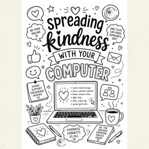 May include: A black and white line art poster featuring the text spreading kindness with your computer. The design includes a laptop, a coffee mug, notebooks, pens, and speech bubbles with positive messages like be kind online and share support.