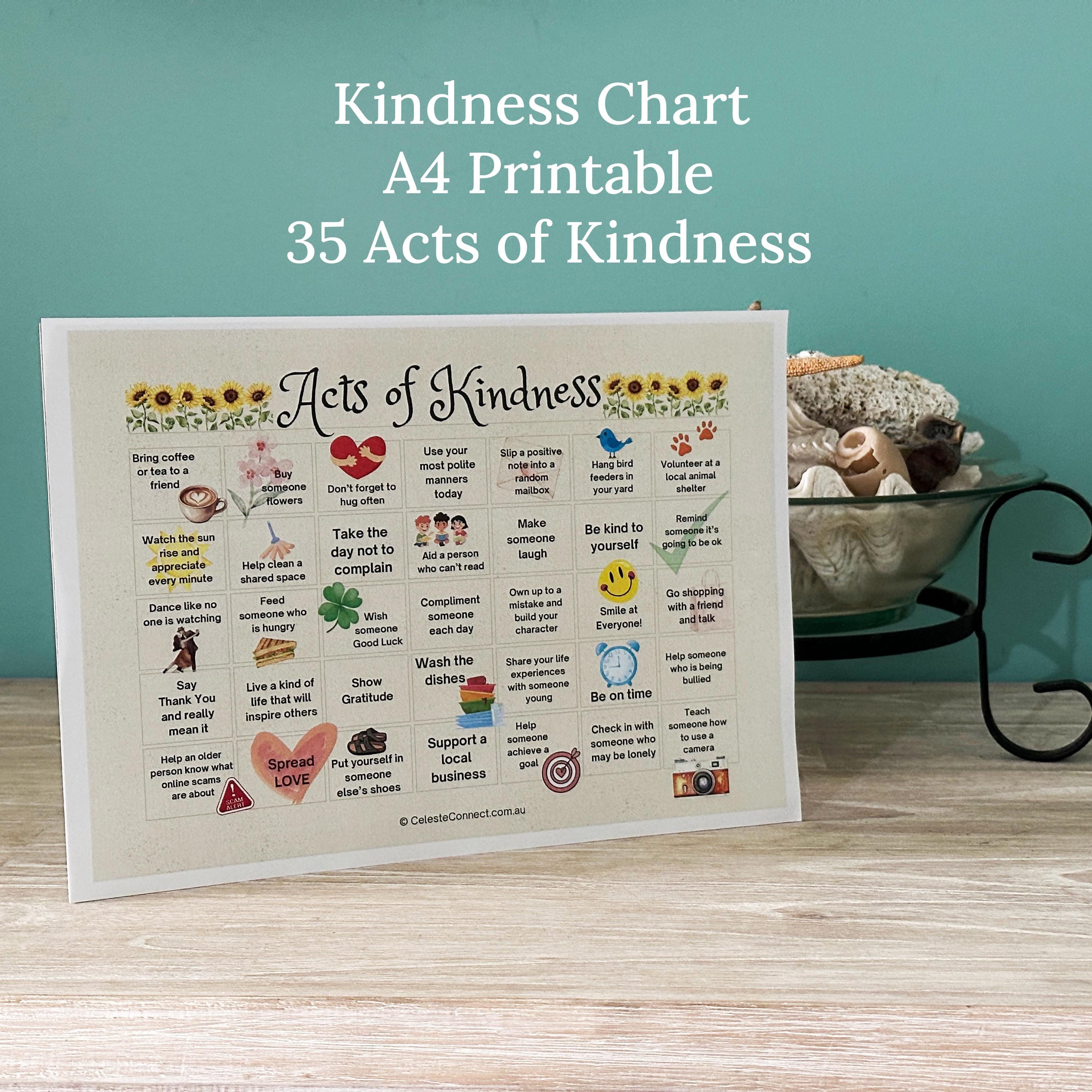 Acts of Kindness Chart Printable A4 | 35 Kindness Ideas Poster ...