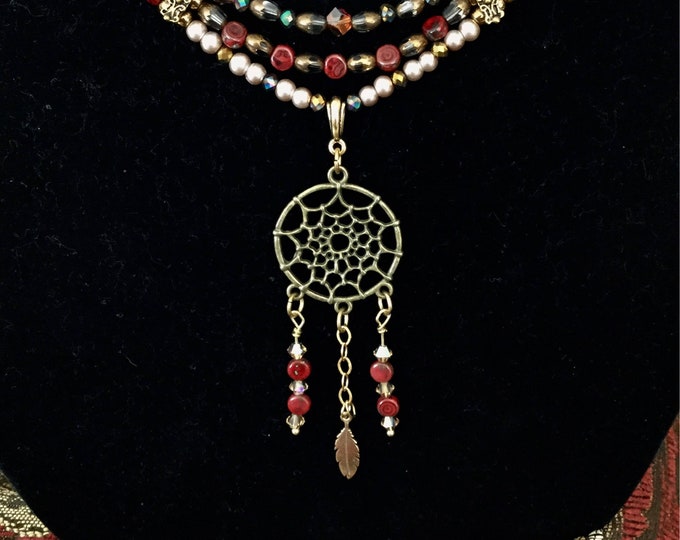 Dream Catcher Pendant: Triple strand beaded necklace with Czech beads