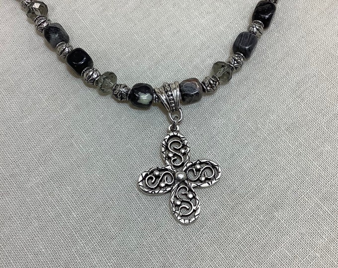 Cross necklace with black-leaf jasper