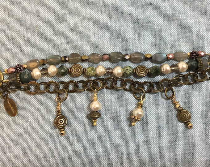 Triple strand charm bracelet with Russian serpentine and labradorite