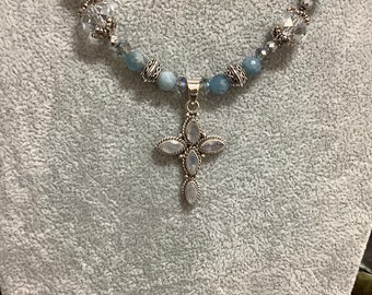 Moonstone cross with Aquamarine, Apatite, & Austrian crystal