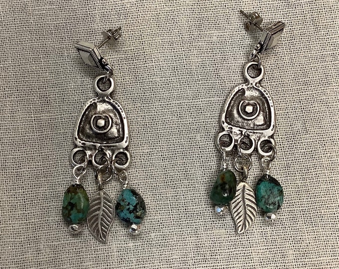 Pewter triangles dangle feathers and Turquoise