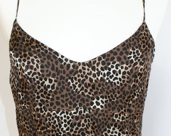 Vintage women silk dress 80s animal print thin straps v neck party anniversary gift for her slip fully lined