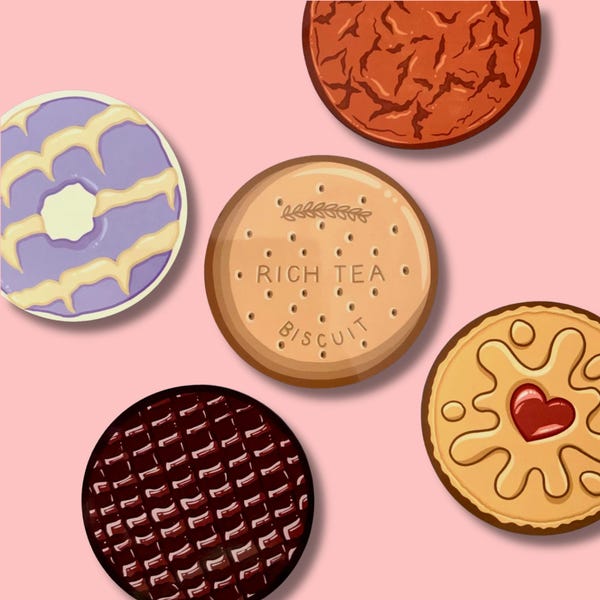British Biscuits Glossy Round Coasters - Set of 3, 4 or 5 bundle - MDF Cork -  Quirky Fun Homeware - Cute Foody Gift - Dopamine Decor