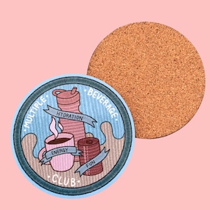 Multiple Beverage Club Glossy Round Coaster - MDF Cork - Homeware Stocking Filler Gift - ADHD Nuerodivergent Embroidered Patch Merit Badge