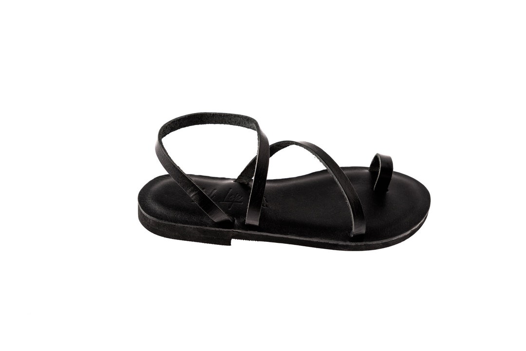 Black Toe Ring Sandal Greece Leather Sandals for Women Loop - Etsy