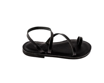 Black Toe Ring Sandal, Greece Leather Sandals for Women, Loop Toe Strappy Traveler Barefoot Footwear