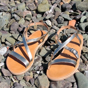 Women Leather Sandals,Gift for her,Silver Leather Sandals,Summer Shoes,Made in Greece