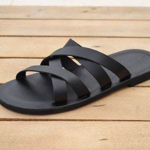 Black Leather Mens Sandals: Handmade Greek Strappy Flats