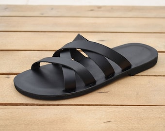 Black Leather Mens Sandals: Handmade Greek Strappy Flats