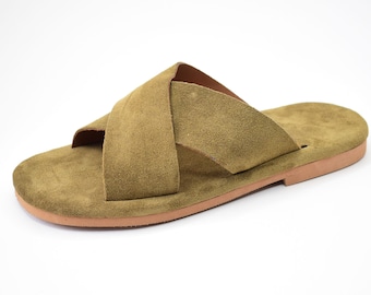 Khaki Leather Men's Sandals: Handmade Greek Style