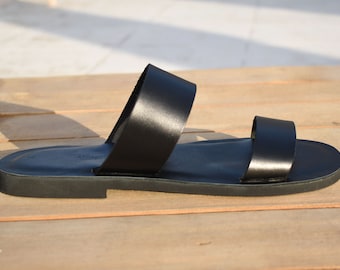 Handmade Black Leather Greek Sandals: Strappy Open Toe Flats