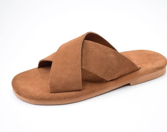 Khaki Leather Mens Sandals: Handmade Greek Style Shoes