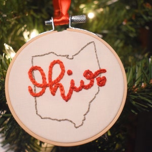 Ohio Keepsake Ornament | State Christmas Decor | Buckeye State Ornament | Gray and Scarlet Decor | Handmade Holiday Gift | Hand Embroidery